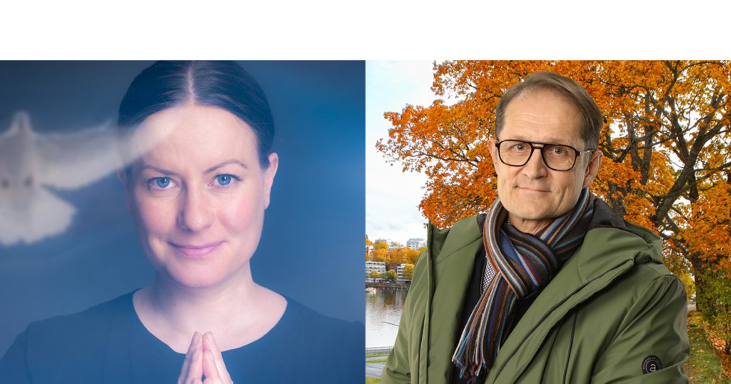 Ympäristökasvatuksen ruusu -tunnuspalkitut 2021. Hanna Yli-Tepsa (kuva: Iiro Kaukiainen) ja Vesa Raasumaa (kuva: Antti Haikola).